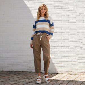 Distressed cotton twill pants - Mocha color, drawstring, elasticated waistband